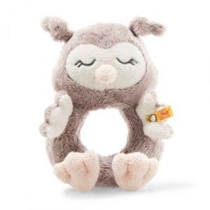 Soft Cuddly Friends Ollie owl grip toy with rattle, rose brown
